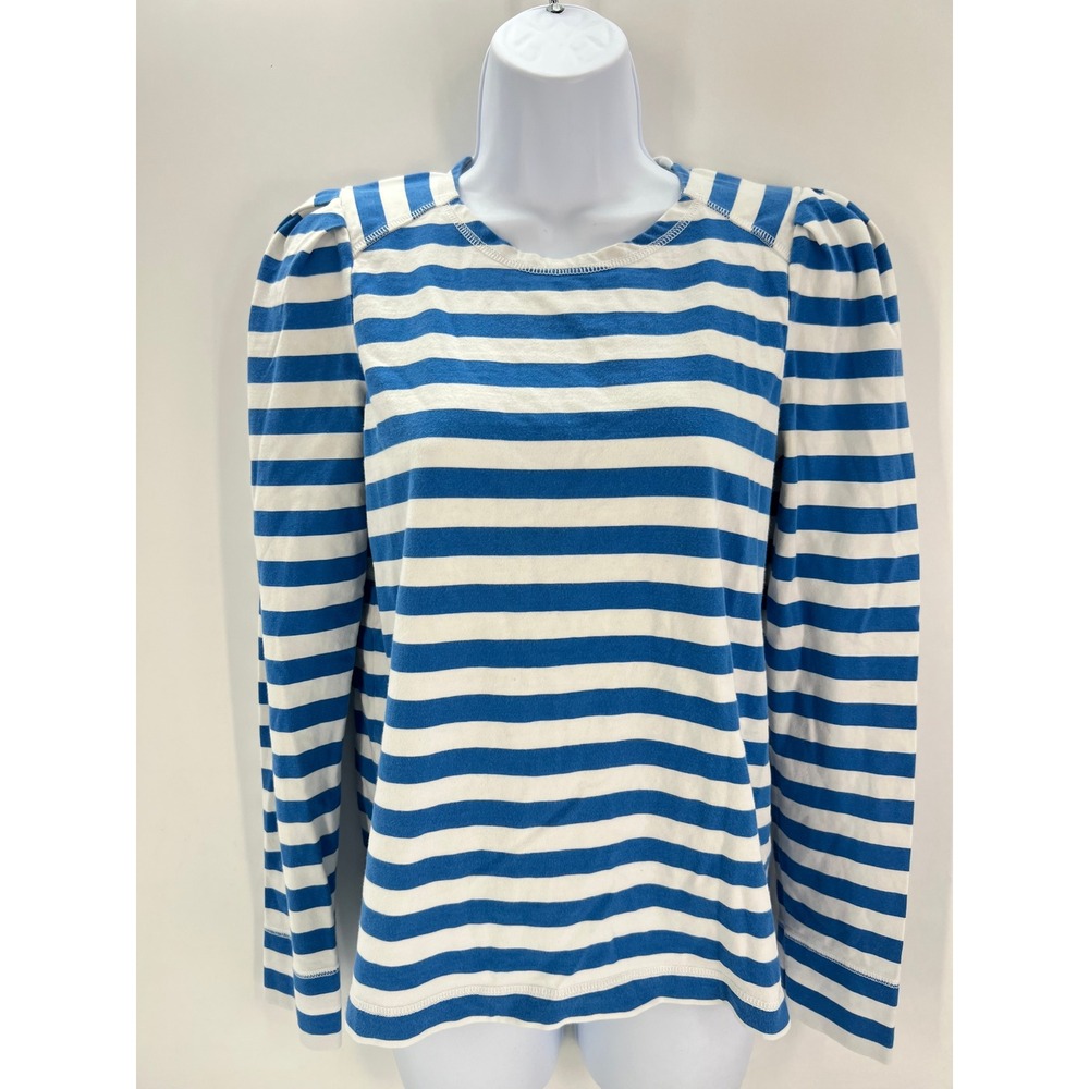 Ganni Size XS Blue White Striped Puff Shoulder Organic Cotton‎ Long Sleeve Top